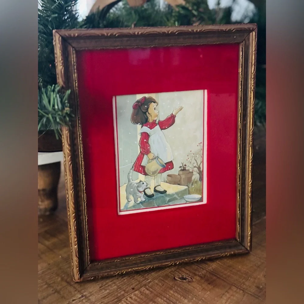Vintage 8x10 Gold Frame + Red Velour Mat Picture. Cottage-core | Wall Art Decor